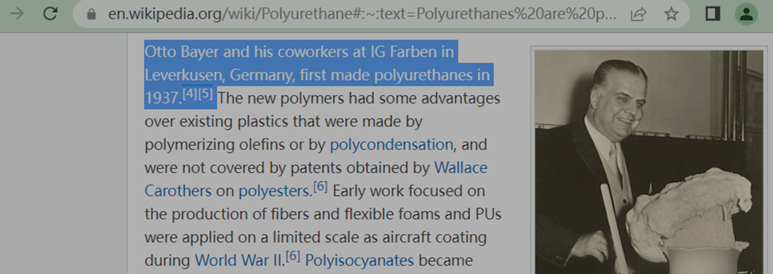 screenshot of introduction to the history of polyurethane